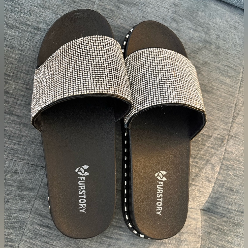 Black and Silver Women's Slide Sandals